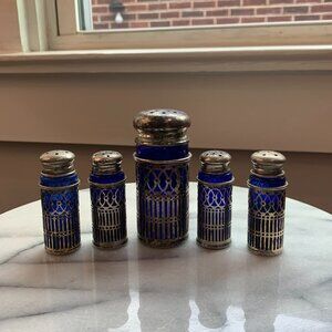 Japanese Blue Glass and Silver Salt and Pepper set of 5